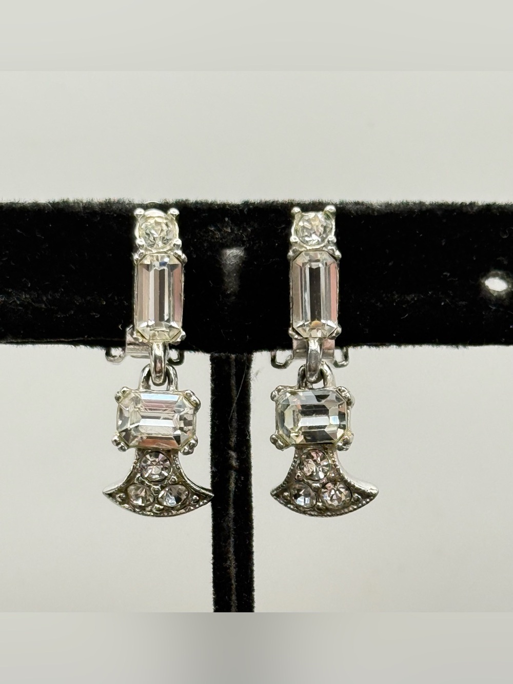 Vintage Clip On Bogoff Art Deco Rhinestone Dangle Earrings 1950s Silver Tone